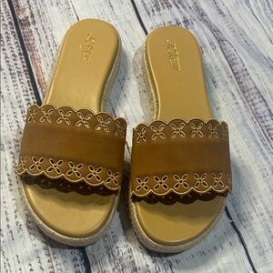 J. Crew Tan Scalloped Slide Sandals